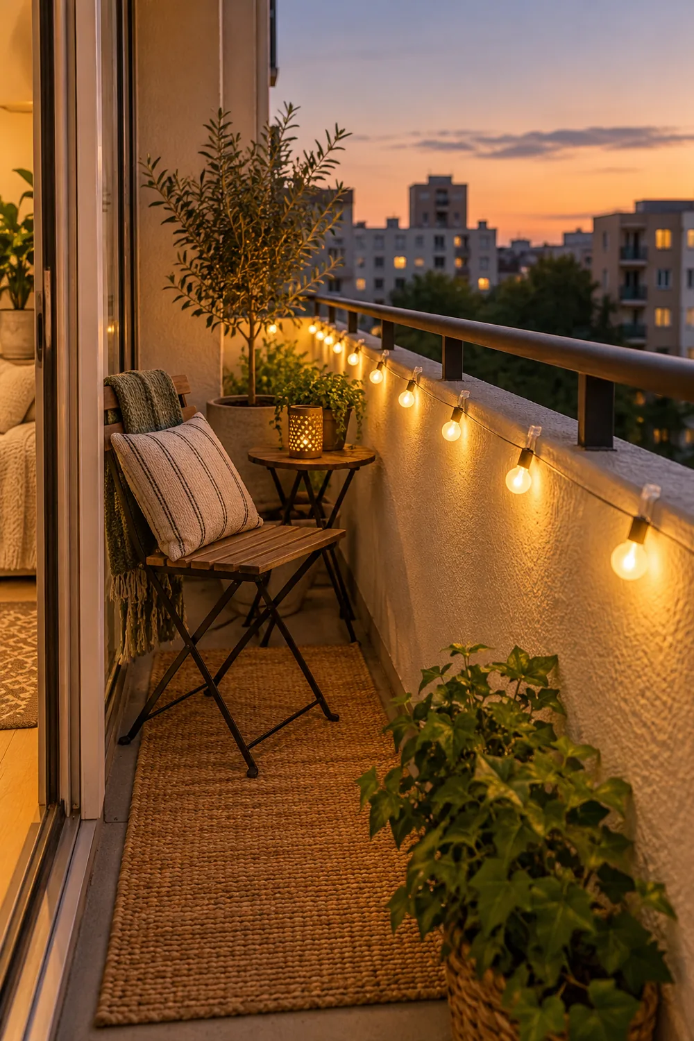 Small balcony with warm outdoor-rated lights clipped along the inside