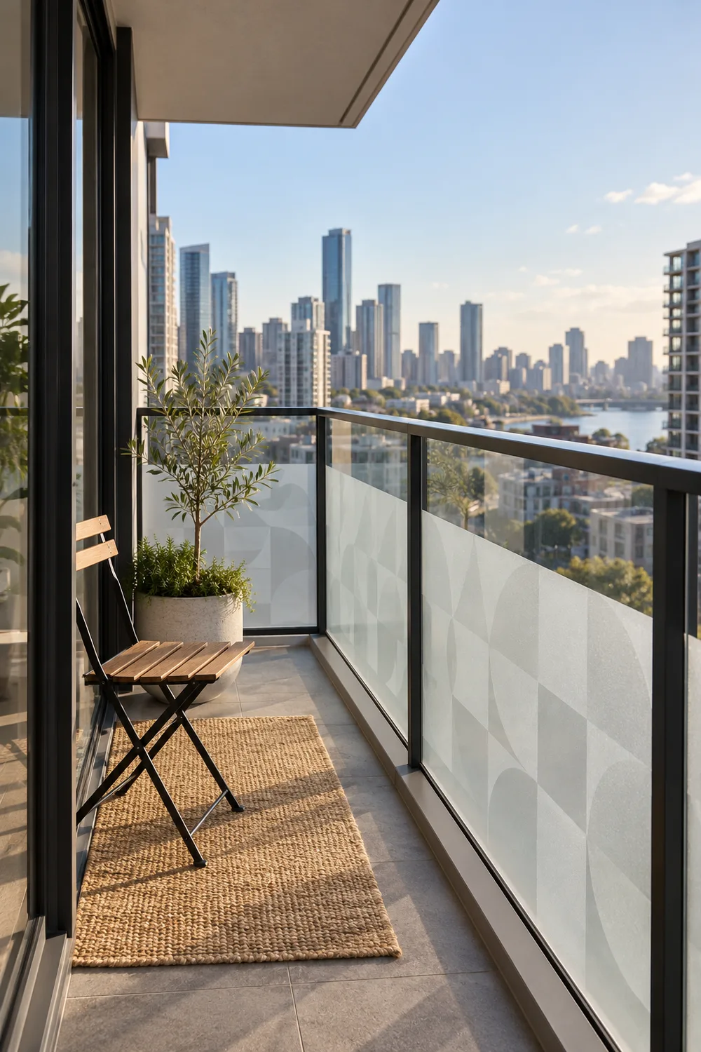 Frosted removable privacy film on the lower half of a glass balcony railing