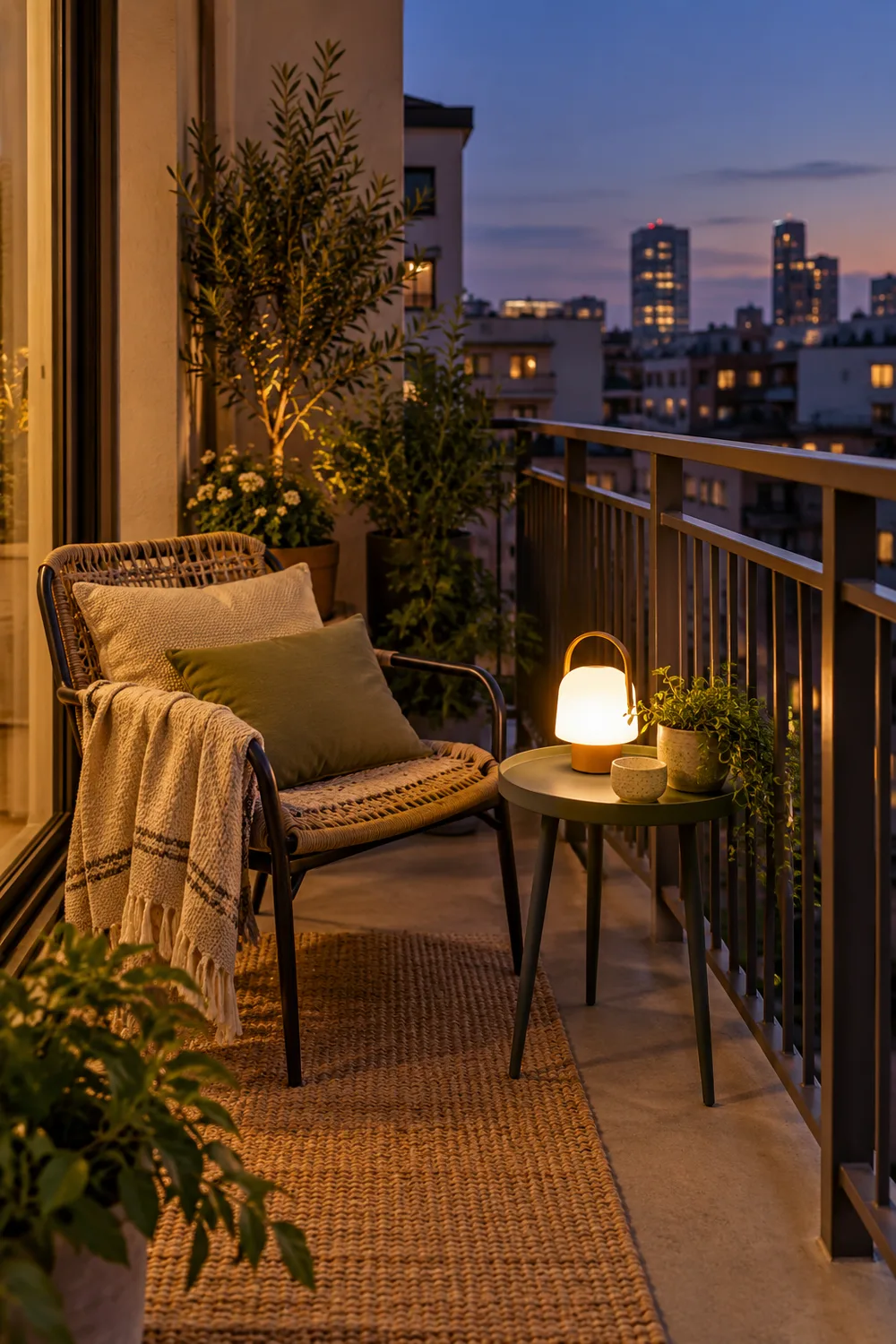 Balcony chair beside a glowing cordless portable lamp at dusk