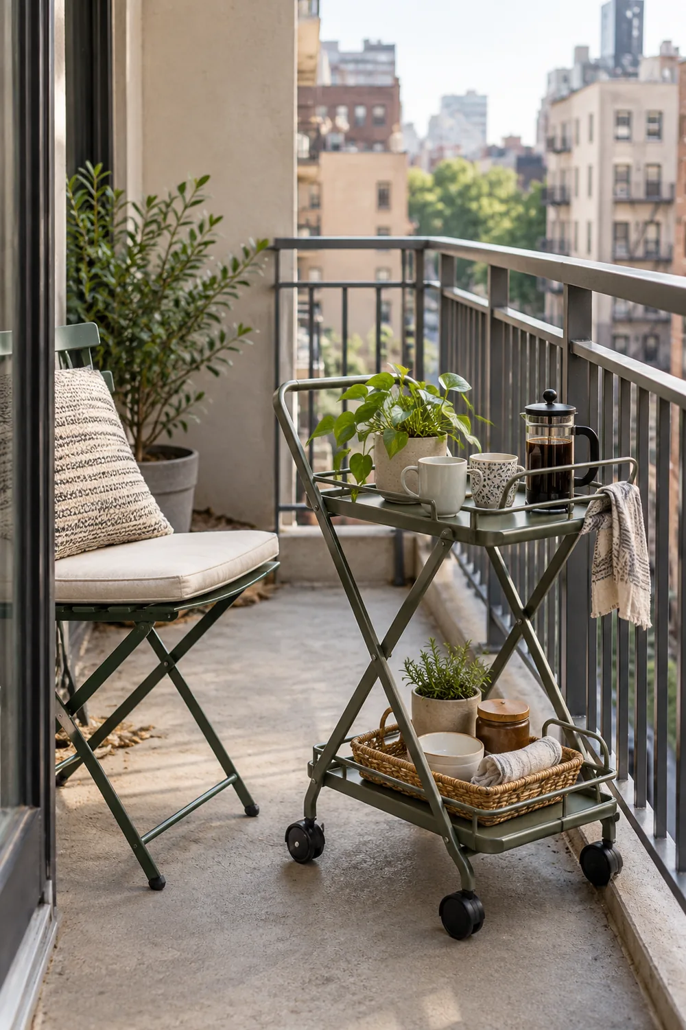 Narrow apartment balcony with a compact two-tier rolling cart