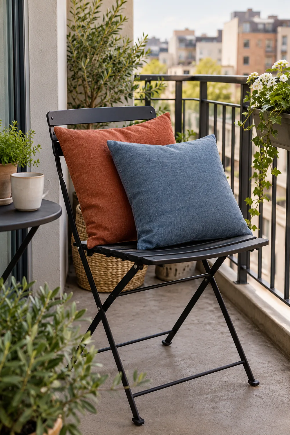 Simple balcony chair styled with rust and blue outdoor pillow covers