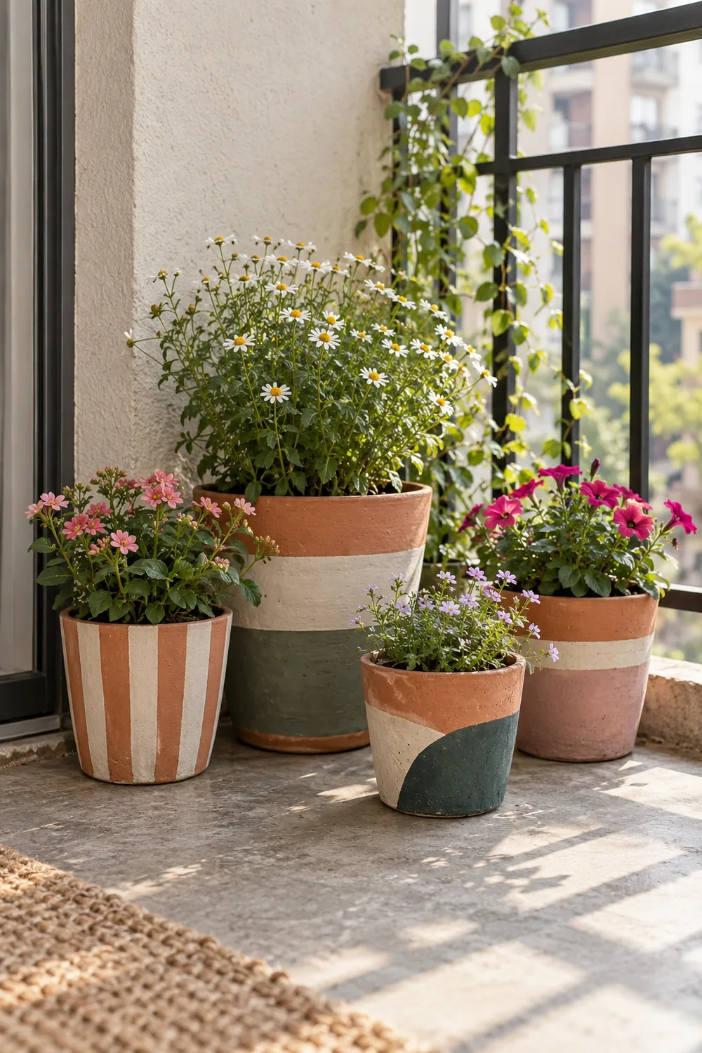 Apartment balcony with simple hand-painted terracotta flowerpots