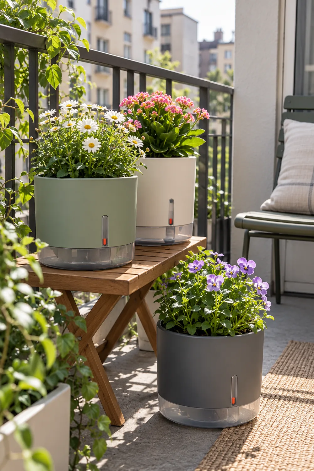 Balcony flowers in compact self-watering planters