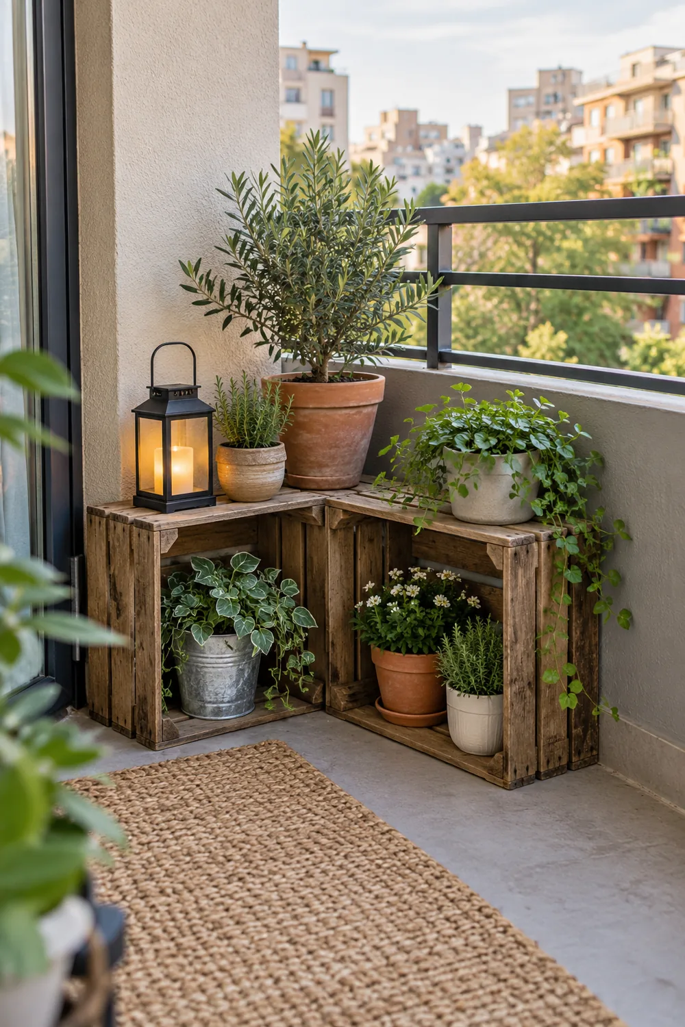Apartment balcony corner with low reclaimed crate shelves and plants