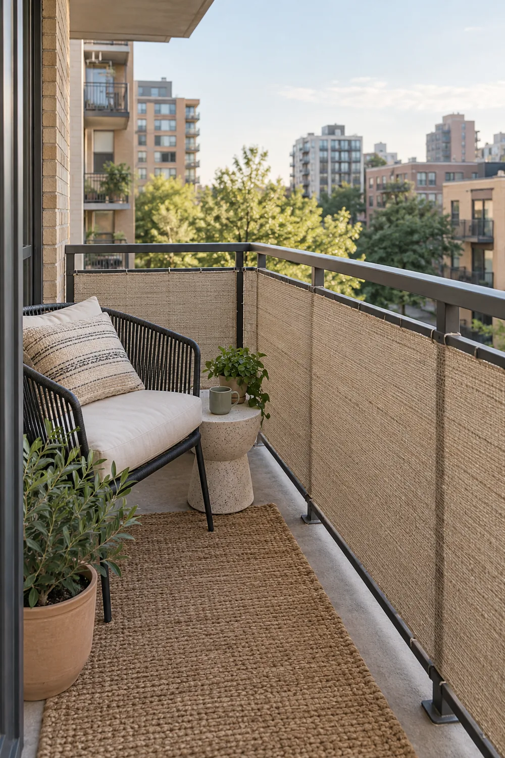Small balcony with neutral outdoor privacy fabric fastened inside the rail