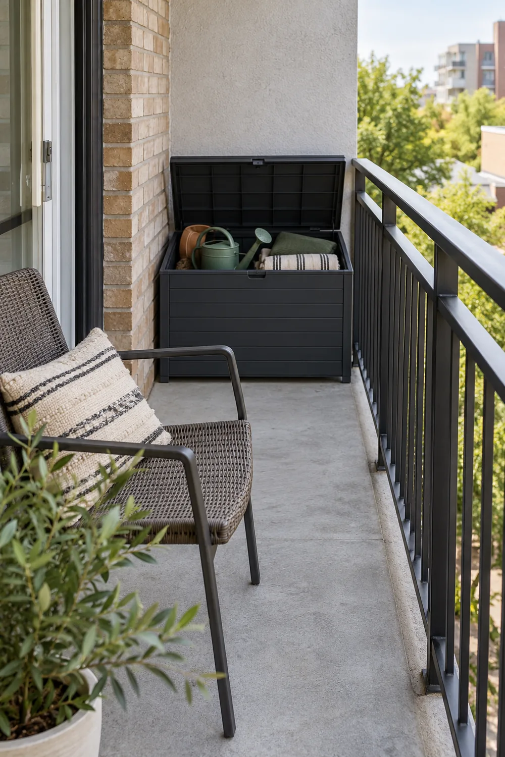 Narrow balcony with compact weather-resistant storage box