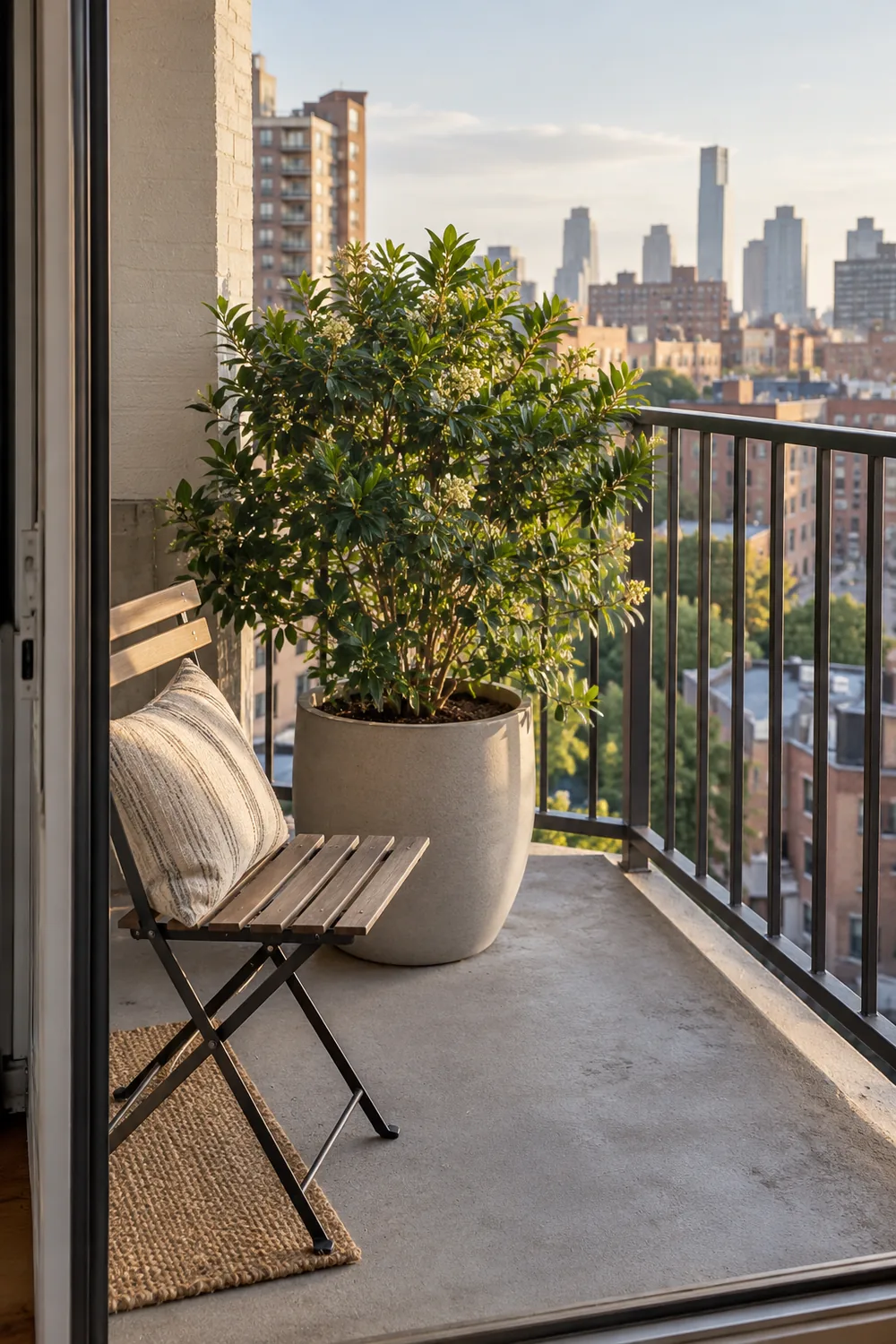 Tiny apartment balcony focused on one leafy potted shrub